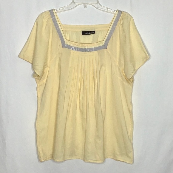 a.n.a. Butter Yellow Pleated Cotton Blouse With Square Neck Ribbon Detail XL - Picture 10 of 10